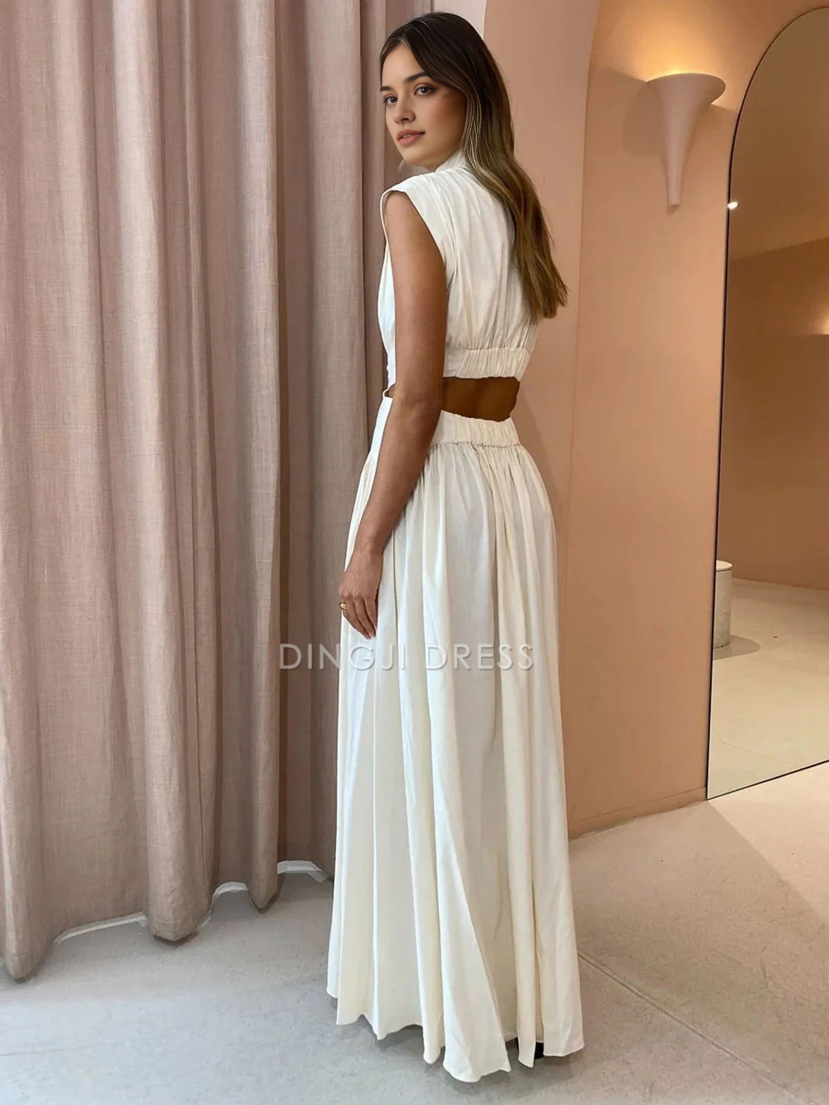 DingJiDress Party Dress Elegant A Line Mock Neck Sleeveless Cut Out Fashion Long Dress Hot Sale Prom Dress