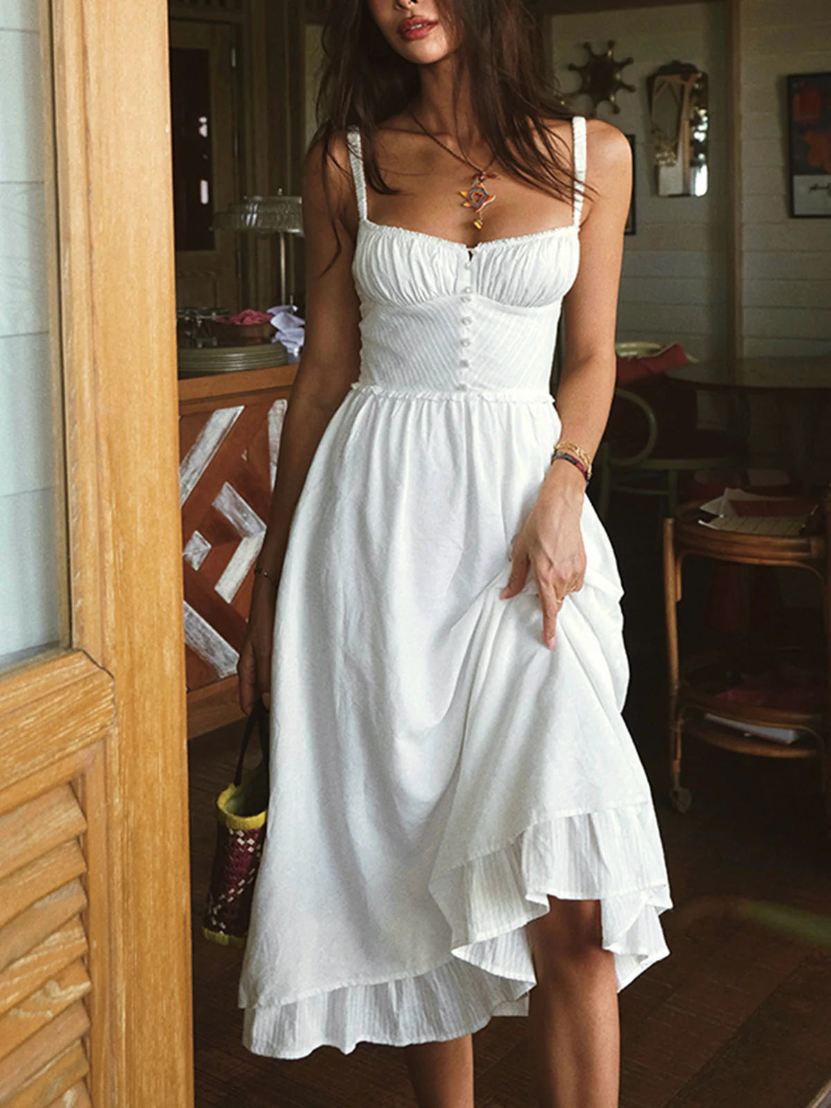 DingJiDress Party Dress Fashion A Line Low cut Spaghetti Strap Ruffle Hem Plain Hot Sale Prom Dress