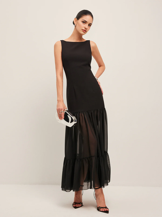 DingJiDress Party Dress Sheath Boat Neck Sleeveless Sheer Panel Back-Tie Backless Ruffled Hem Fashion Dress Hot Sale Prom Dress