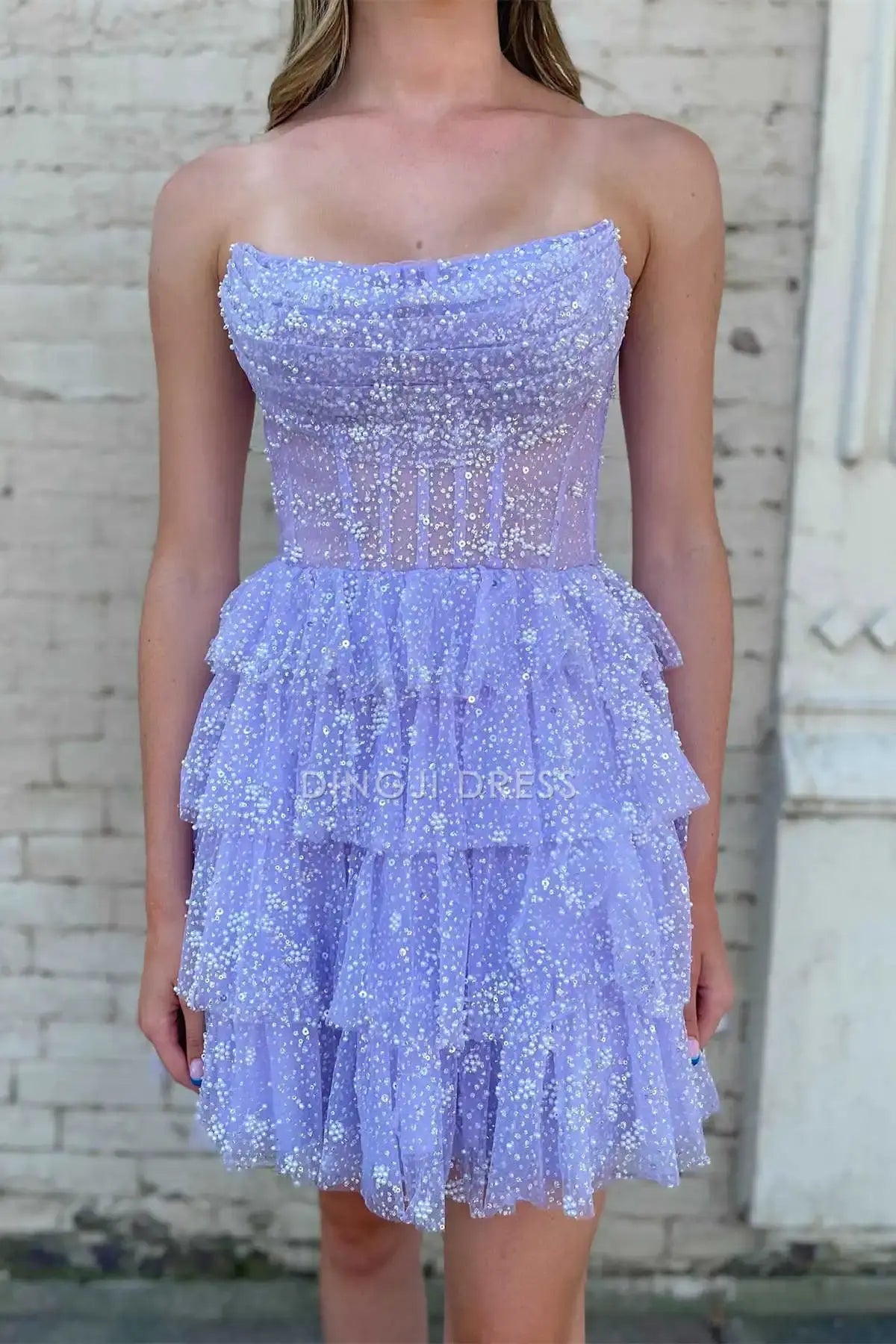 DingJiDress Short Dress A-Line Glitter Strapless Beads layered Ruched Sequin Hot Sale Homecoming Dress
