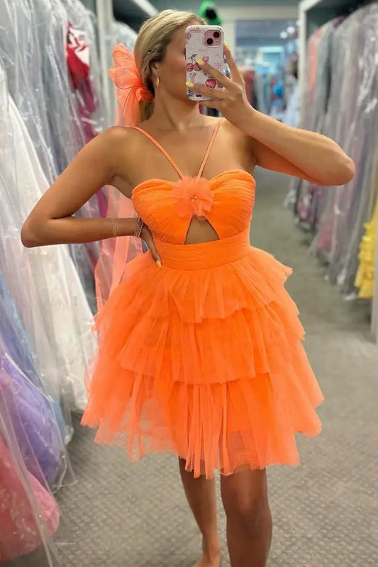 DingJiDress Short Dress A-Line Spaghetti Strap Keyhole Layering Ruffle Charming Hot Sale Homecoming Dress