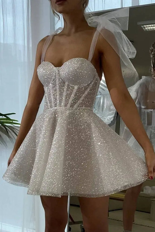 DingJiDress Short Dress A-Line Sweetheart Neckline Tie Shoulder Spraying Backless Sparkle Hot Sale Homecoming Dress