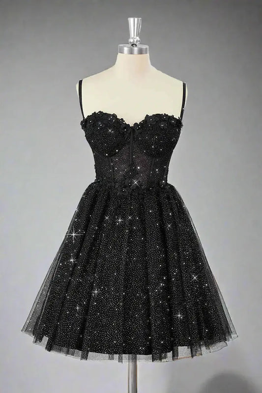 DingJiDress Short Dress A Line Corset Spaghetti Strap Sweetheart Neckline Black Tulle Sparkle Hot Sale Homecoming Dress