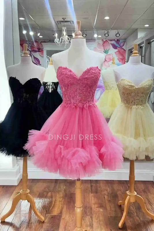 DingJiDress Short Dress Cute A-Line Off Shoulder Sweetheart Sheer Corset Ruffle With Appliques Lace-Up Backless Fantastic Hot Sale Homecoming Dress