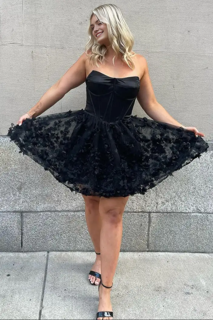 DingJiDress Short Dress Elegant A-Line Strapless Black Floral Fashion Hot Sale Homecoming Dress