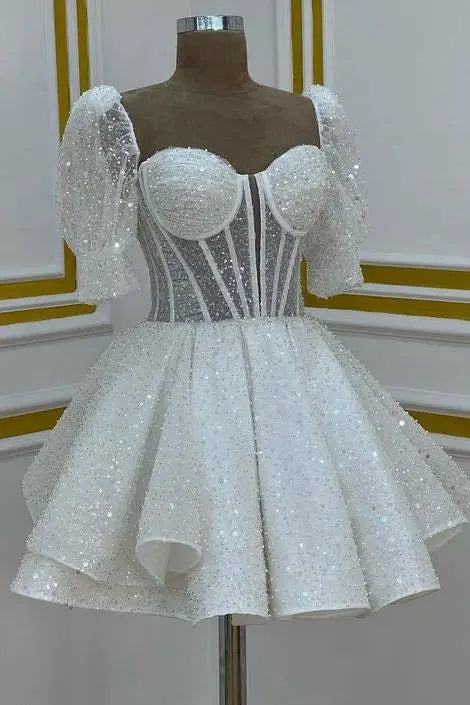 DingJiDress Short Dress Sequin A Line Sweetheart Puff Sleeves Backless Sparkle Hot Sale Homecoming Dress