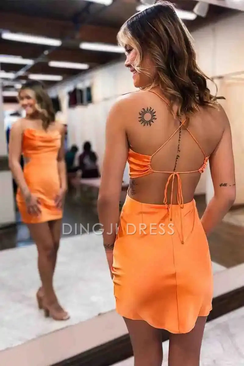 DingJiDress Short Dress Simple Sheath Spaghetti Strap Cowl Neck Lace-Up Backless Sexy Mini Hot Sale Homecoming Dress