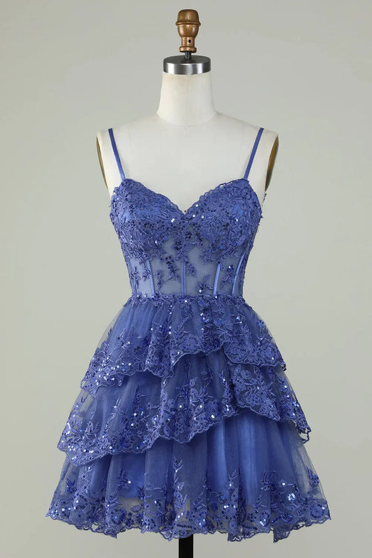 DingJiDress Short Dress Sparkle A Line Corset Sweetheart Neckline Spaghetti Strap Sequins Layered Ruched Exquisite Hot Sale Homecoming Dress