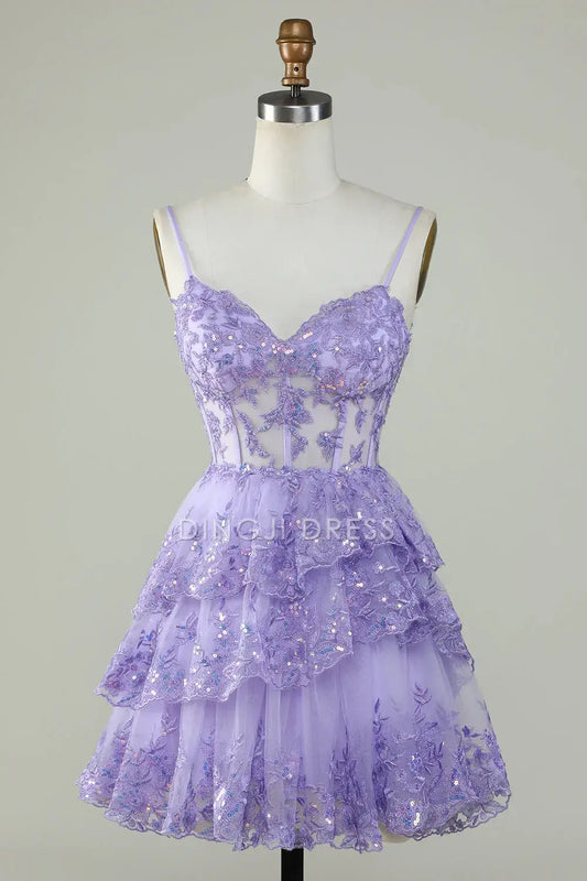 DingJiDress Short Dress Sparkle A Line Corset Sweetheart Neckline Spaghetti Strap Sequins Layered Ruched Hot Sale Homecoming Dress
