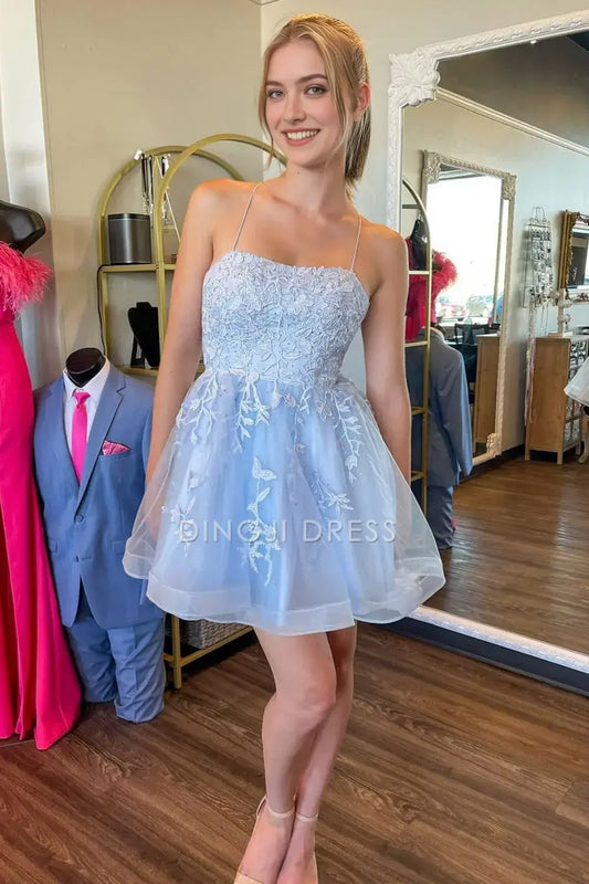 DingJiDress Short Evening Dress Cute A-Line Spaghetti Straps Lace Applique Lace Up Backless Exquisite Cocktail Dress Hot Sale Homecoming Dress