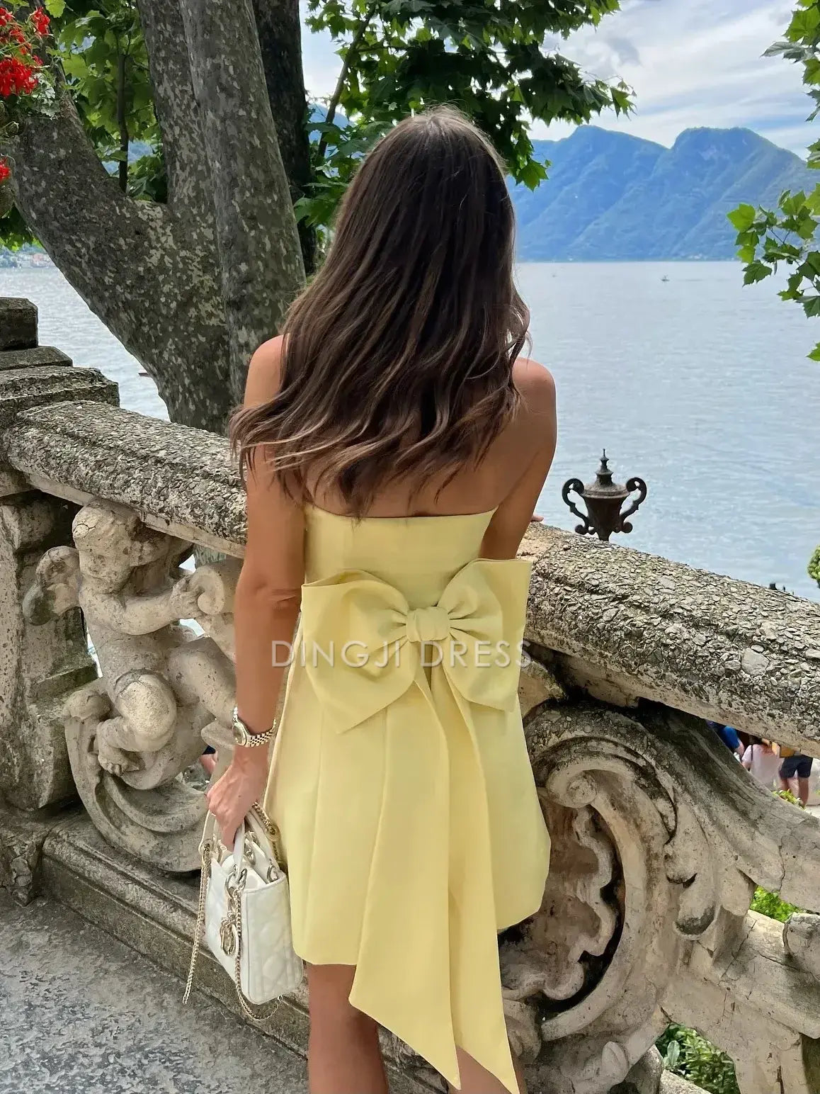 DingJiDress Short Evening Dress Pretty A Line Strapless Yellow With Bowknot Fashion Cocktail Dress Hot Sale Homecoming Dress