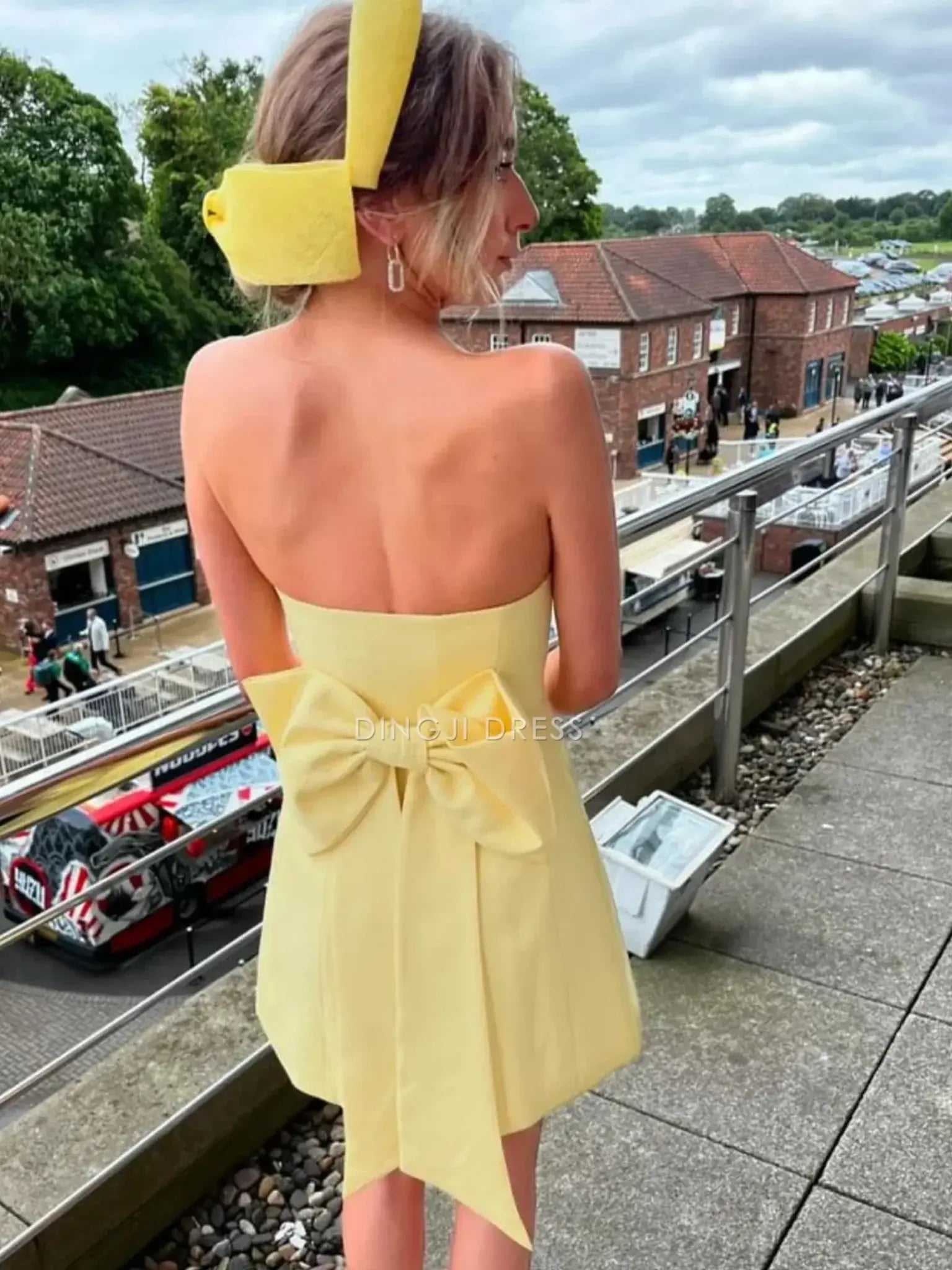 DingJiDress Short Evening Dress Pretty A Line Strapless Yellow With Bowknot Fashion Cocktail Dress Hot Sale Homecoming Dress
