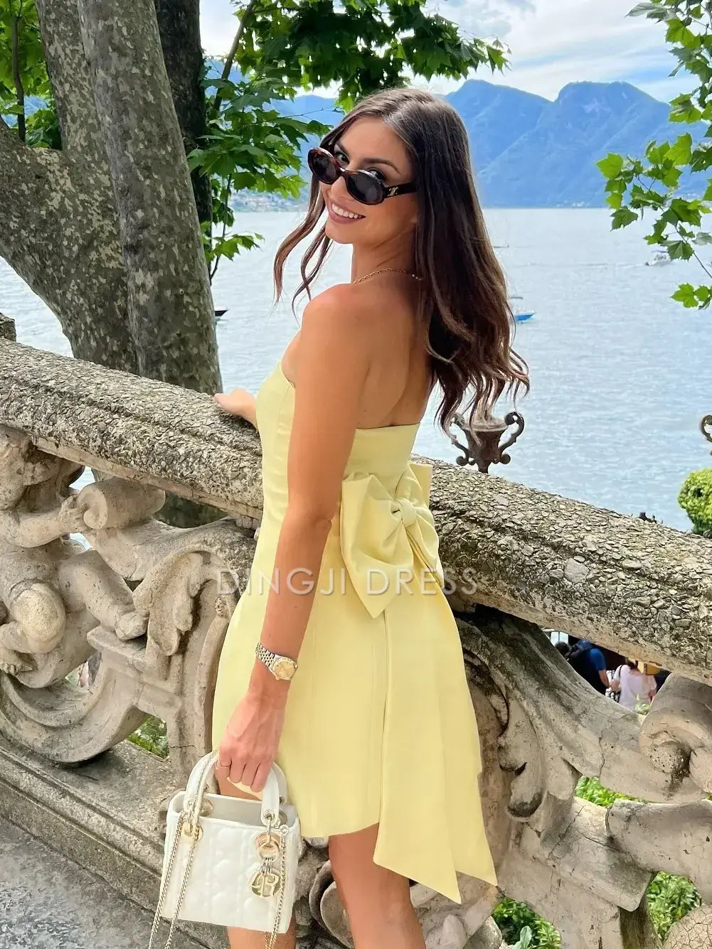 DingJiDress Short Evening Dress Pretty A Line Strapless Yellow With Bowknot Fashion Cocktail Dress Hot Sale Homecoming Dress