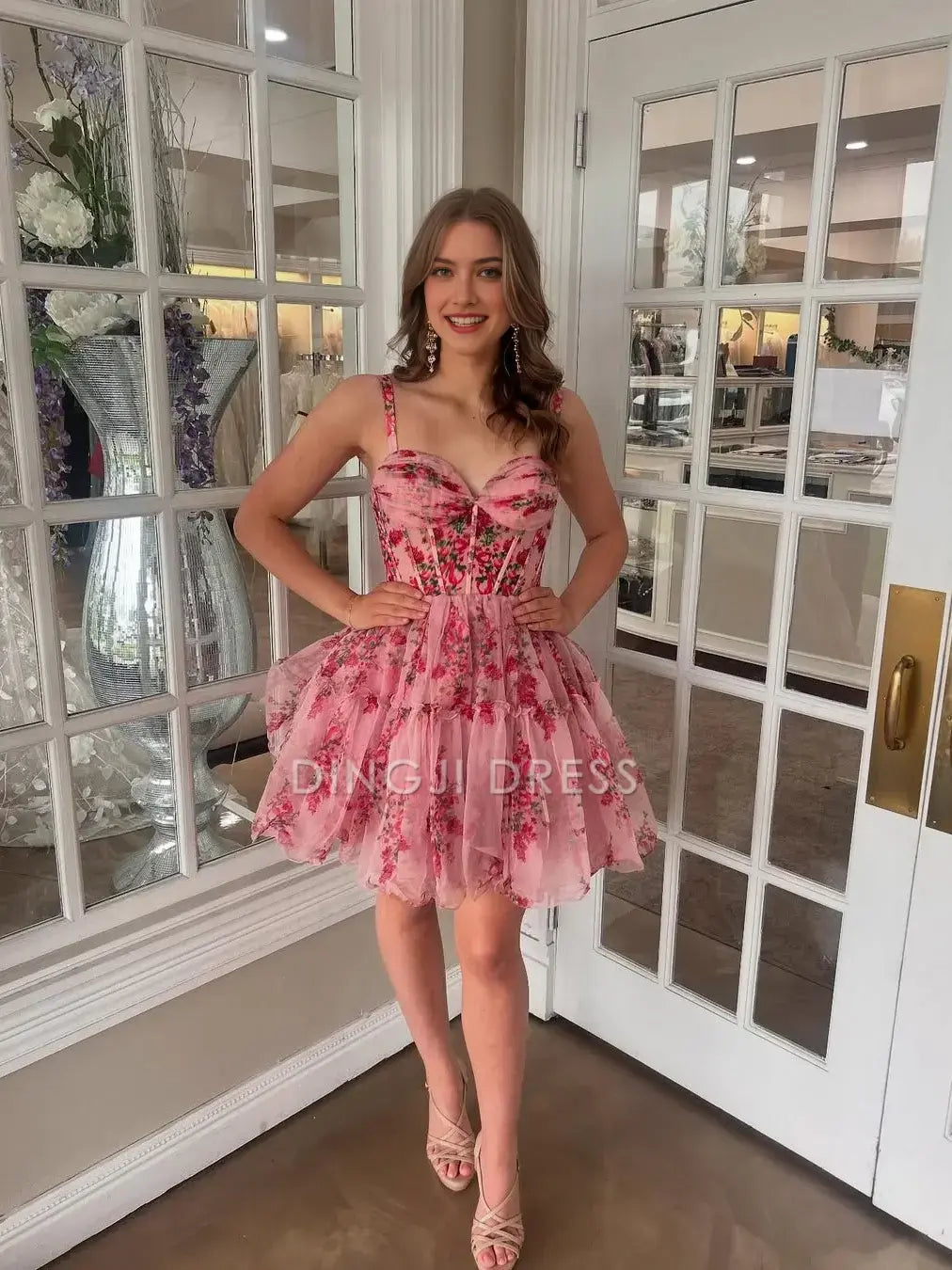 DingJiDress Short Evening Dress Romantic A Line Spaghetti Straps Sweetheart Neckline Pink Retro Printed Cute Cocktail Dress Hot Sale Homecoming Dress