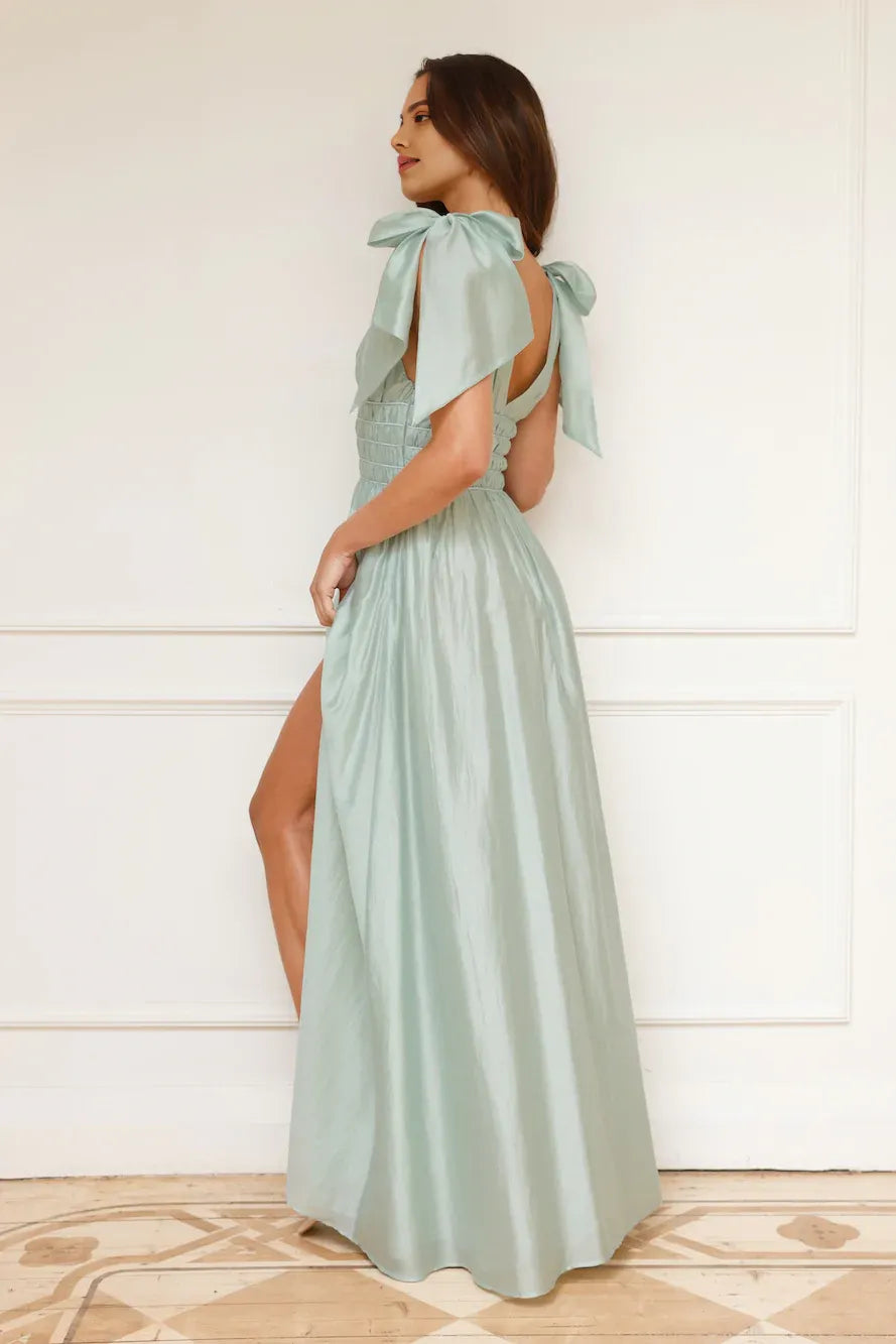 Discount A-line V Neck Tie Straps Bow Shirred Sage Maxi Prom Dress With Slit