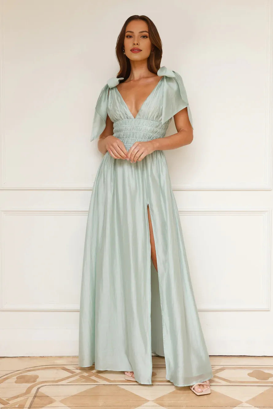 Discount A-line V Neck Tie Straps Bow Shirred Sage Maxi Prom Dress With Slit