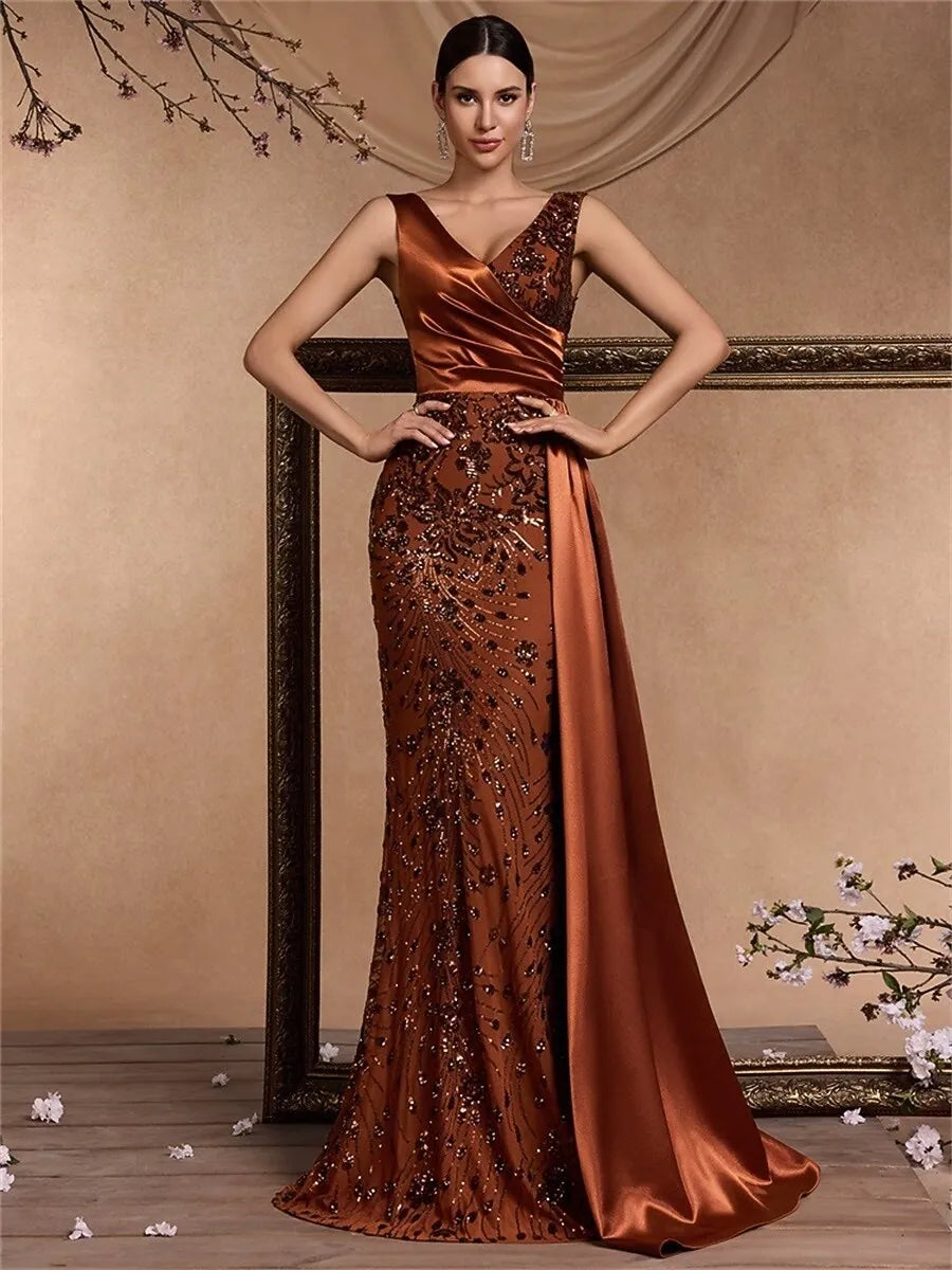 Discount Glamorous Mermaid V-Neck Sequin Satin Brick Red Train Evening Dress Buy