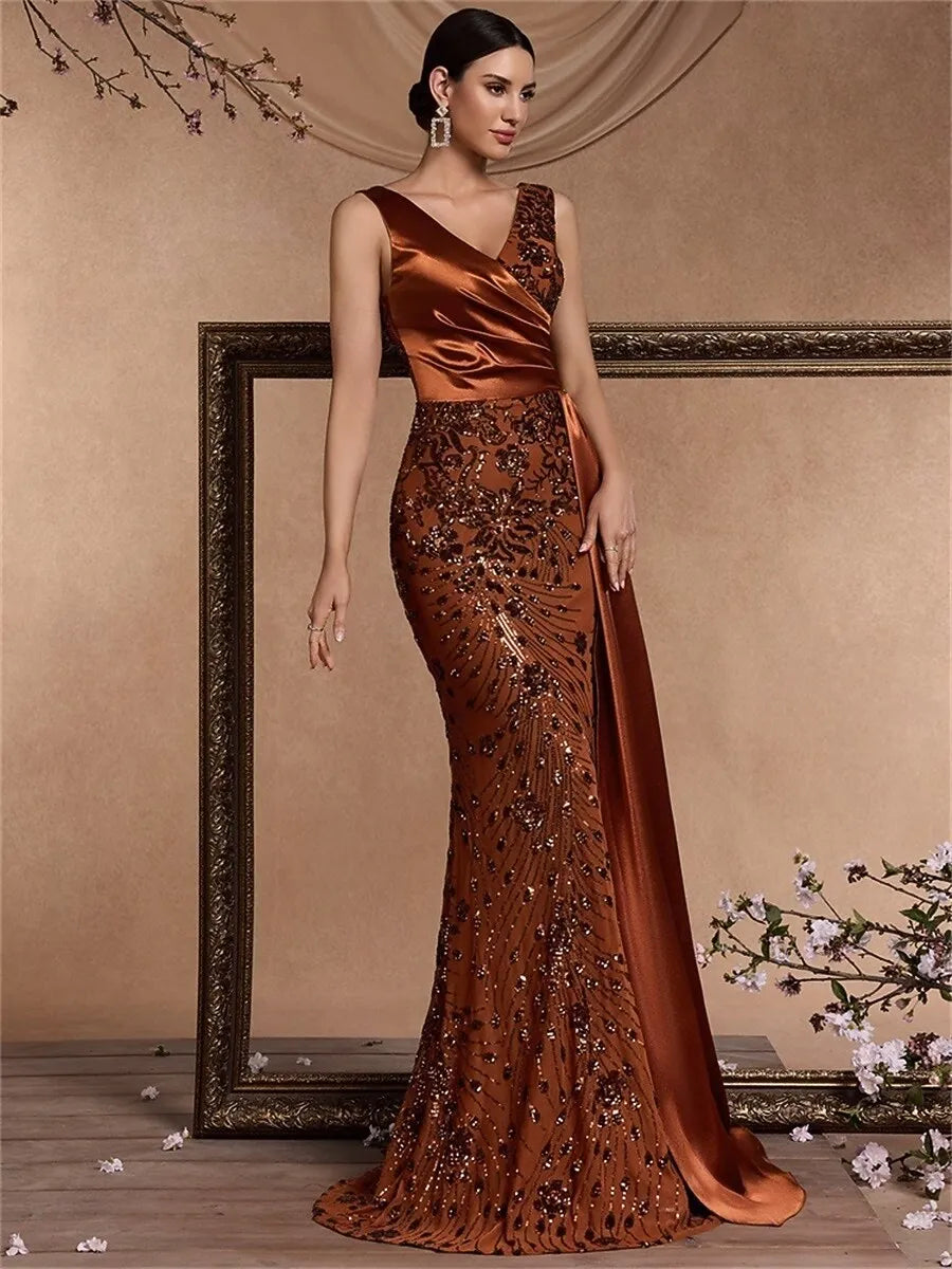 Discount Glamorous Mermaid V-Neck Sequin Satin Brick Red Train Evening Dress Buy