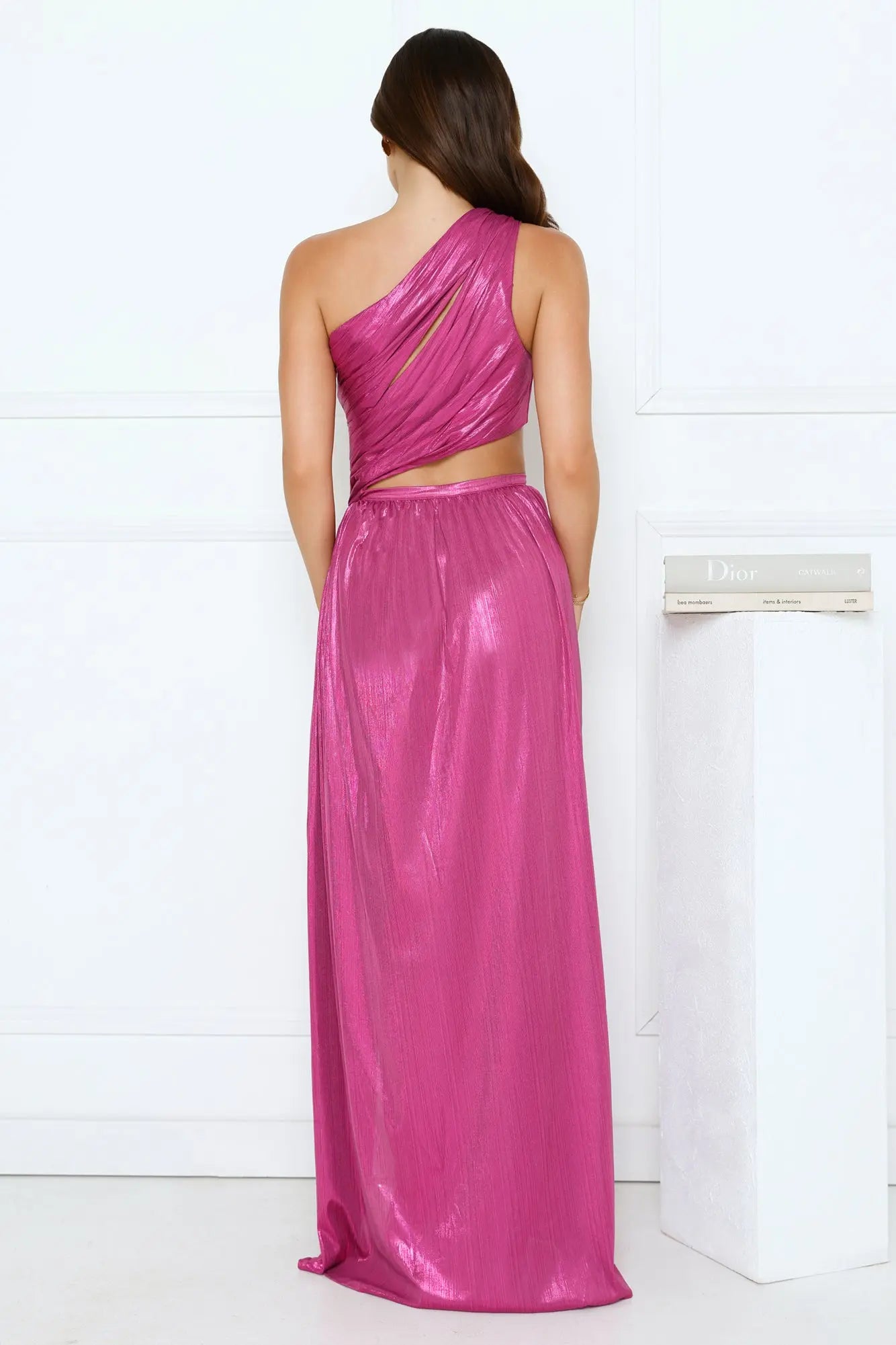 Discount One Shoulder Pleated Cutout Waist Magenta Maxi Evening Dress For Women