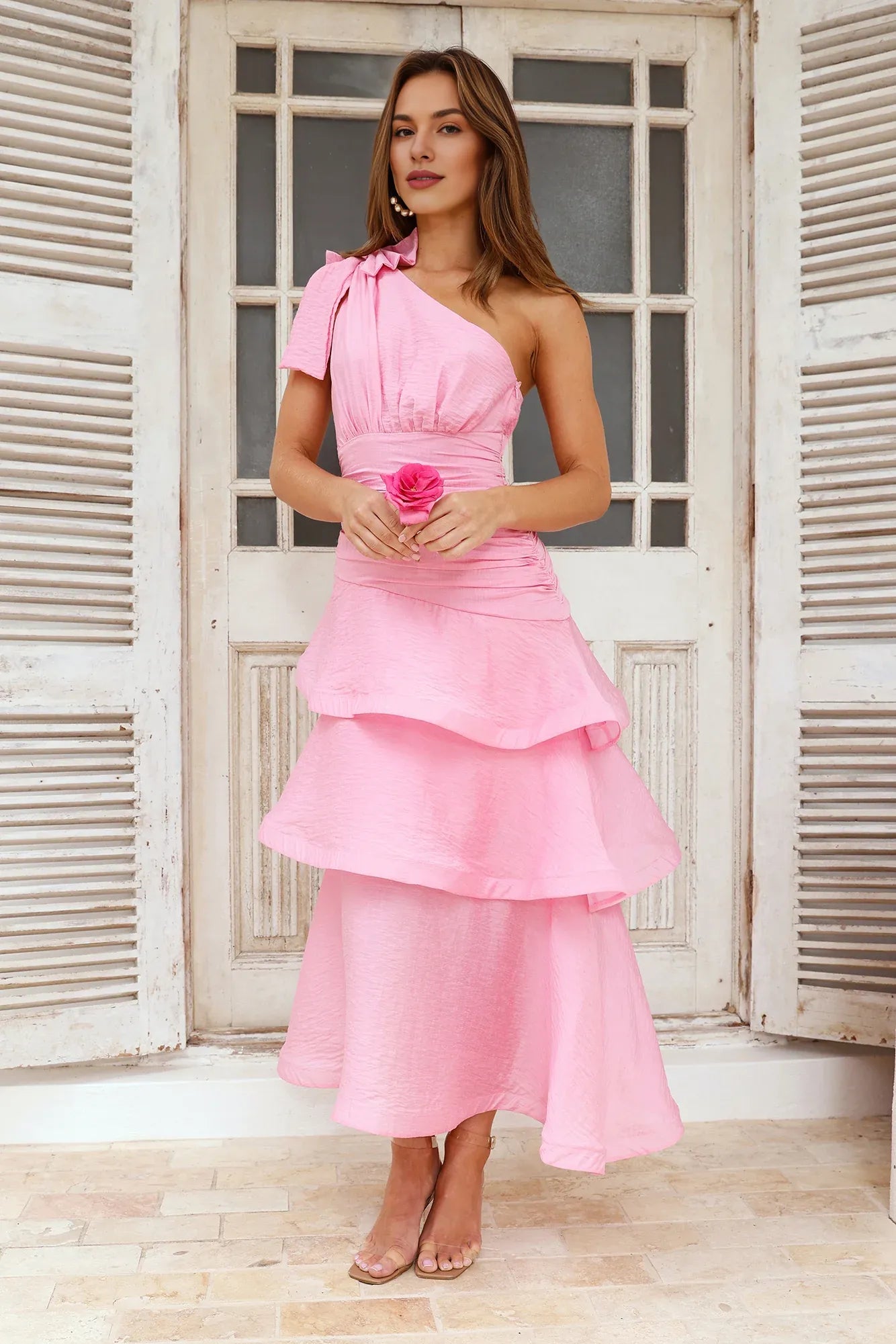 Discount One Shoulder Tiered Ruffle Pink Midi Prom Dress For Women Custom