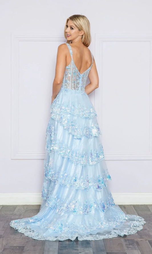 Dreamy A-Line Spaghetti Strap Sheer-Corset Tiered Sequin Light Blue Prom Dress With Slit