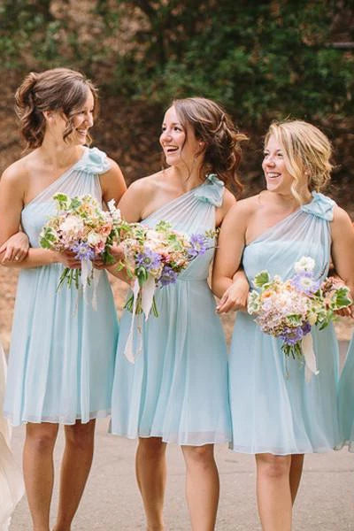 DingJiDress One Shoulder Short Bridesmaid Dresses Chiffon Wedding Party Dress Light Blue