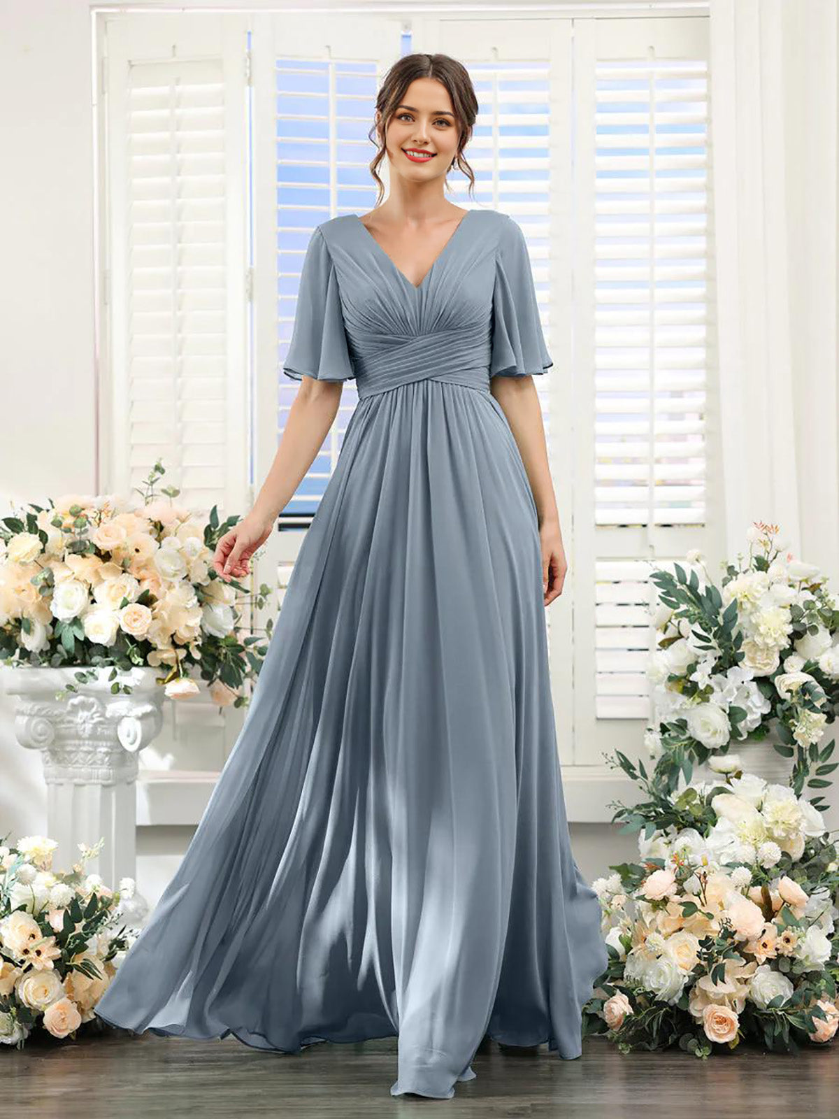 DingJiDress A-Line Bridesmaid Dress V-Neck Sleeve for Wedding Guest Long Formal Party Dresses with Slit