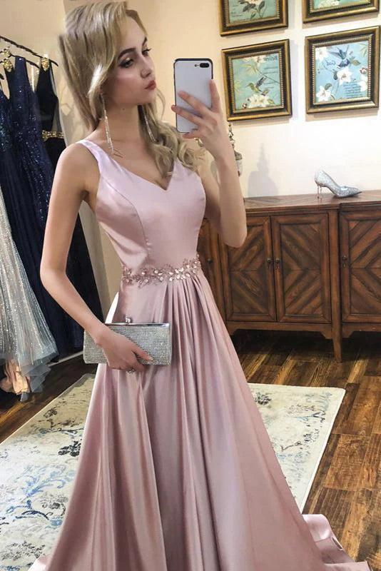 DingJiDress Prom Dresses Elegant A Line V Neck Satin Beads V Back Sleeveless