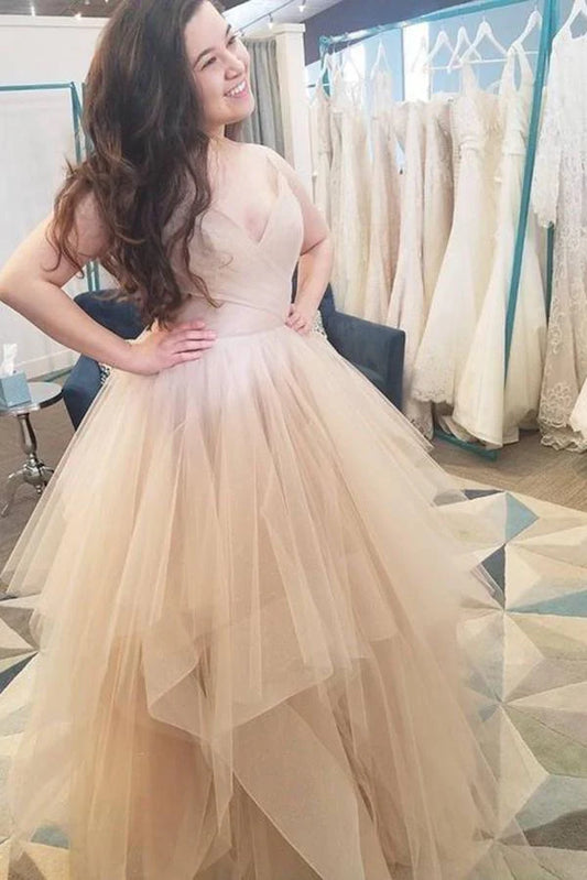 DingJiDress A Line Prom Dresses V Neck Straps Ball Gown Multi LayerTulle