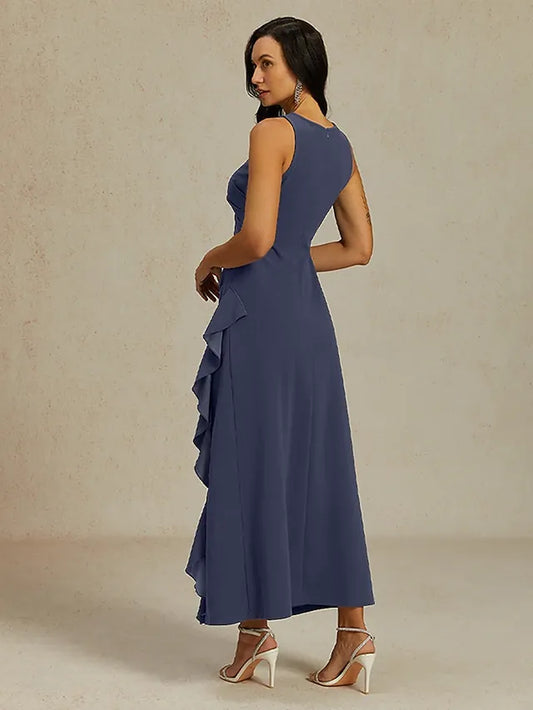 Elegant A-Line Crew Neck Sleeveless Ruffled Dusty Blue Maxi Prom Dress for Women Ready to Ship