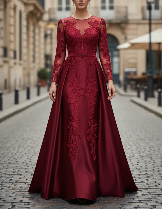 Elegant A-Line Illusion Neck Long Sleeve Lace Burgundy Long Prom Dresses