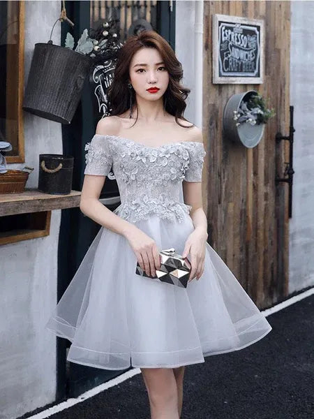 Elegant A-Line Off-Shoulder Floral Applique TulleGrey Mini Homecoming Dress