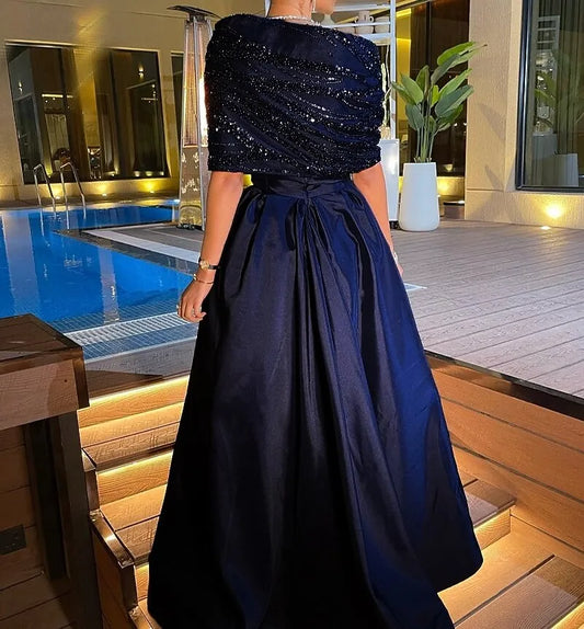 Elegant A-Line Off Shoulder Sequin Bow Navy Blue Floor Length Evening Dress For Sale