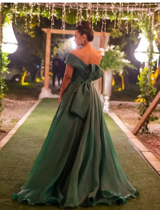 Elegant A-Line Off Shoulder Bow Slit Emerald Green Floor Length Prom Dress For Sale