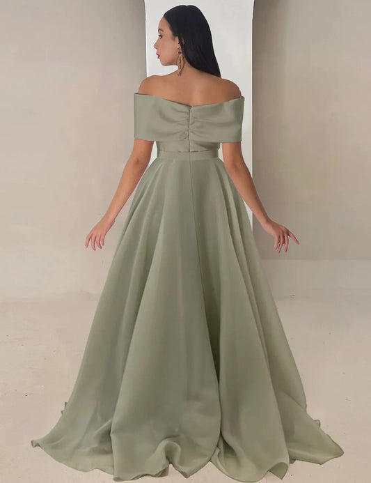 Elegant A-Line Off Shoulder Ruched Sage Floor Length Prom Dress Ready To Ship
