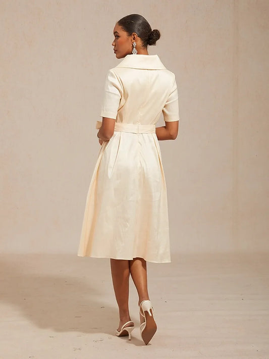 Elegant A-Line Shawl Collar Short Sleeve Satin Champagne Midi Prom Dress For Women Hot Sale