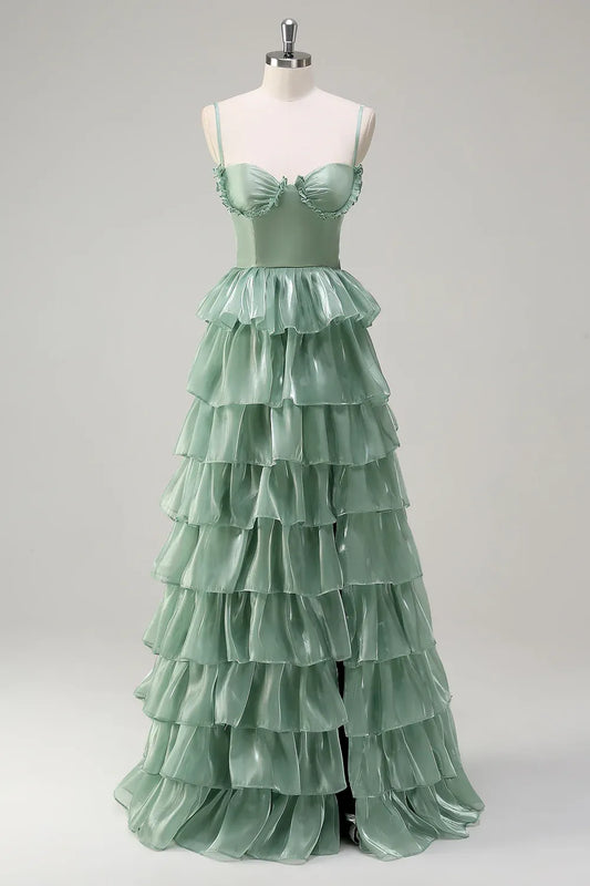Elegant A-Line Spaghetti Strap Tiered Ruffle Dusty Sage Maxi Prom Dress With Slit