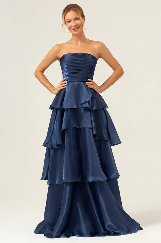 Elegant A-Line Strapless Ruched Tiered Ruffle Dark Navy Floor Length Prom Dress
