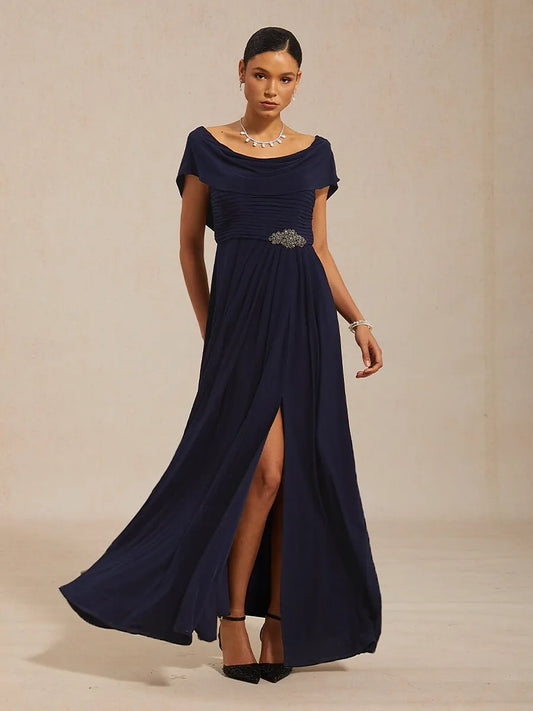 Elegant A-line Cowl Neck Cap-sleeve Ruched Navy Blue Maxi Prom Dress for Women Ready to Ship