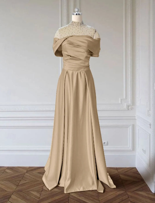 Elegant A-line Off-Shoulder Beaded Champagne Floor-Length Evening Dress For Women Ready To Ship