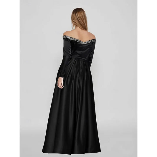 Elegant A-line Off-the-shoulder Long-sleeved Pearl Black Maxi Prom Dress for Women Custom