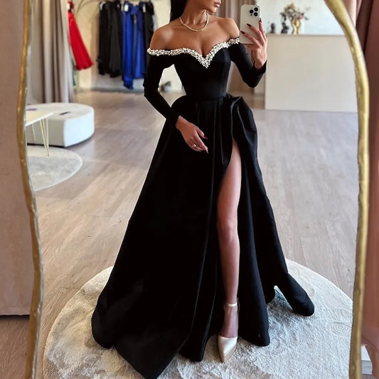 Elegant A-line Off-the-shoulder Long-sleeved Pearl Black Maxi Prom Dress for Women Custom