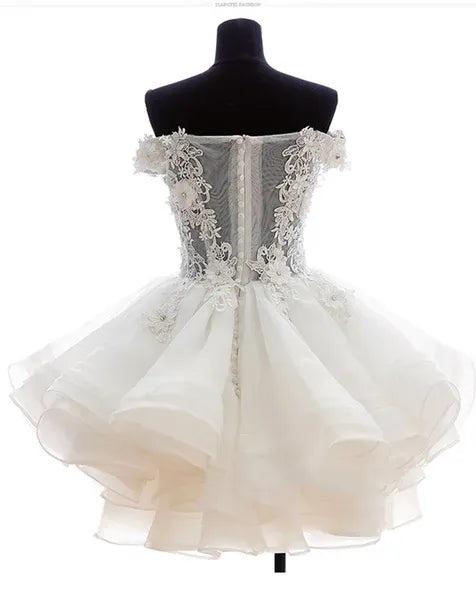 Elegant Ball-Gown Off-Shoulder Lace Applique White Mini Homecoming Dress