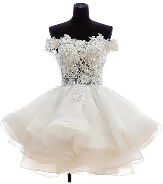 Elegant Ball-Gown Off-Shoulder Lace Applique White Mini Homecoming Dress