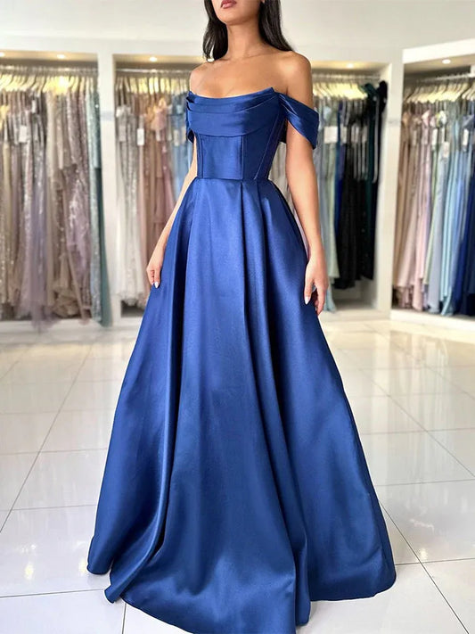 Elegant Ball Gown Off Shoulder Corset Satin Blue Floor Length Prom Dresses