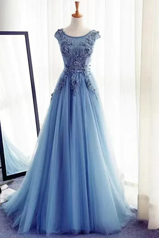Elegant Ball Gown Round Neck Cap Sleeve Applique Dusty Blue Floor-Length Prom Dresses