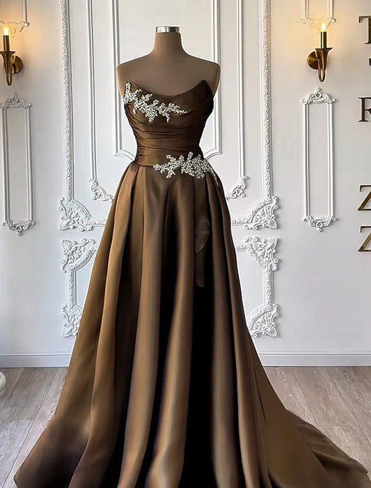 Elegant Ball Gown Strapless Ruched Rhinestones Chocolate Floor Length Prom Dress
