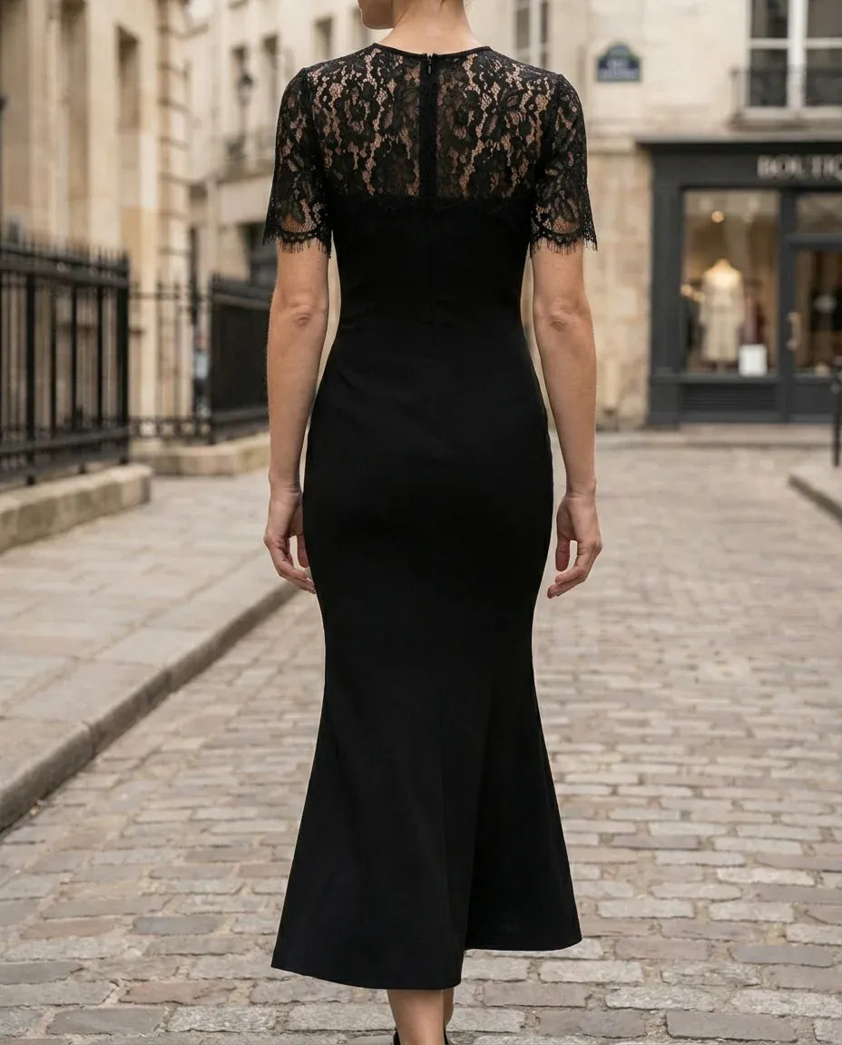 Elegant Mermaid Crew Neck Short Sleeve Floral Lace Black Midi Evening Dresses