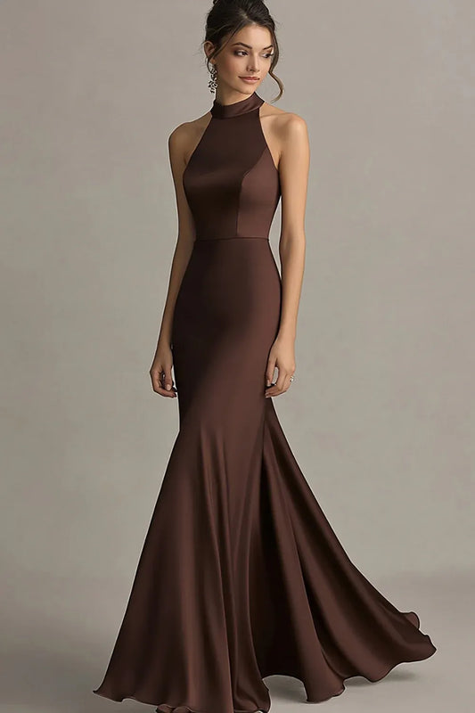 Elegant Mermaid Halter Sleeveless Satin Brown Floor Length Prom Dress