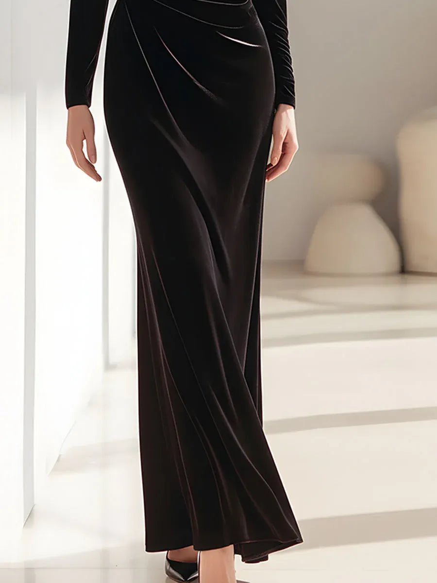 Elegant Mermaid Off Shoulder Ruched Velvet Black Long Evening Dresses